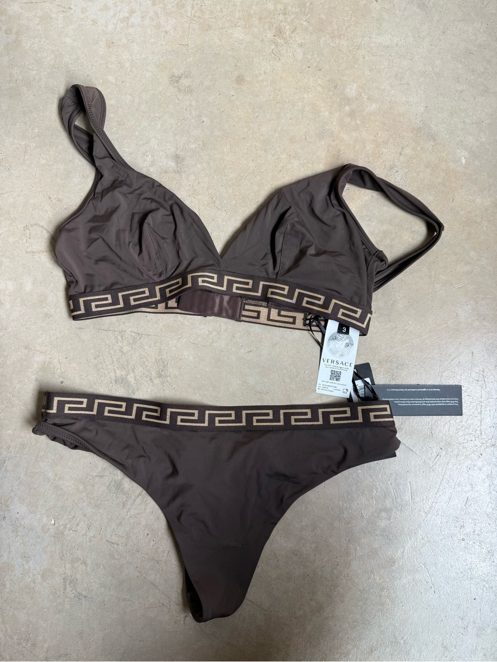Versace Brown Two-Piece Greek Key Lingerie Set. NWT.